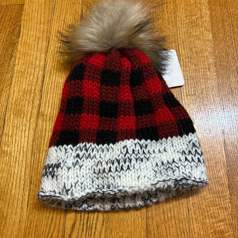 Infinity Raine Red and Black Plaid Beanie with Faux Fur Pom - Picture 6 of 6